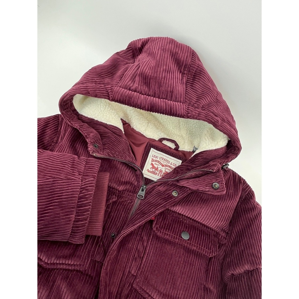 Levi Strauss Corduroy Puffer Jacket Mens Medium Burgundy Hooded Sherpa LM2RC416 - Picture 3 of 8